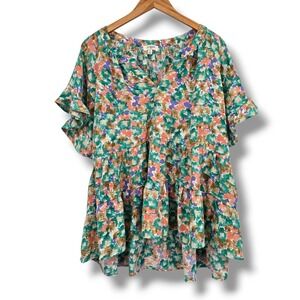 Umgee Floral Tiered Babydoll Blouse Top Green Coral Ruffle Sleeve K6566 Mens M